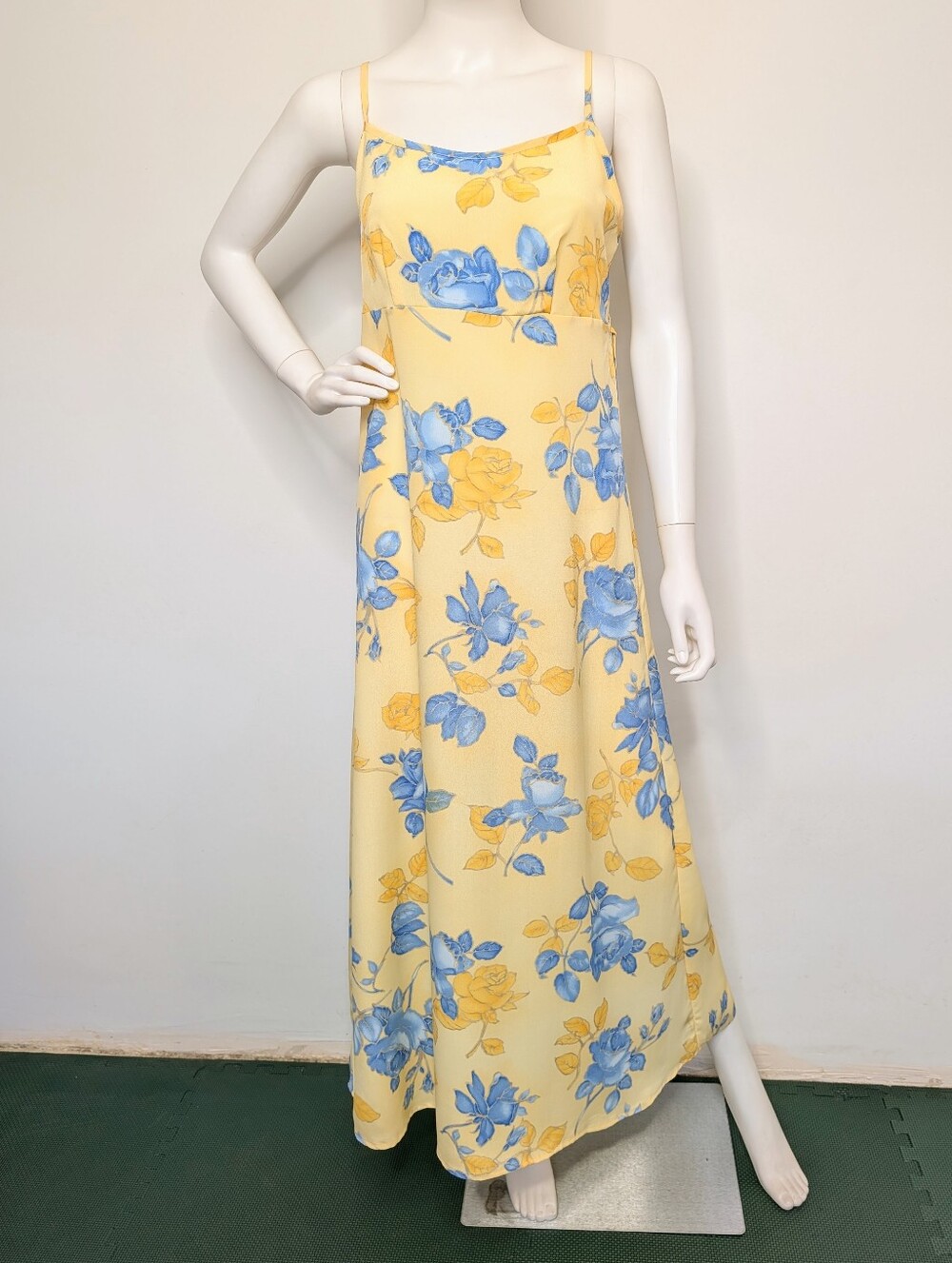 Y2K Yellow & Blue Floral Spaghetti Strap Empire Waist Semi Sheer Maxi Dress - Picture 10 of 13